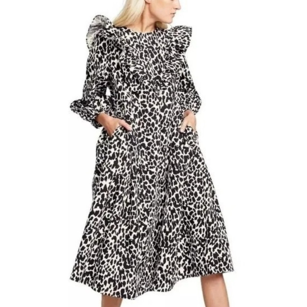 Sandy Liang x Target Edgy Midi Dress Black White Leopard Ruffle Size Small
